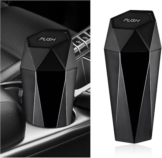 Car Trash Can with Lid, Diamond Design Leakproof Vehicle Cup Holder Garbage Can, Waterproof Trash Bin Mini Portable Garbage Organizer for Cars Homes Offices Bedrooms (Black)