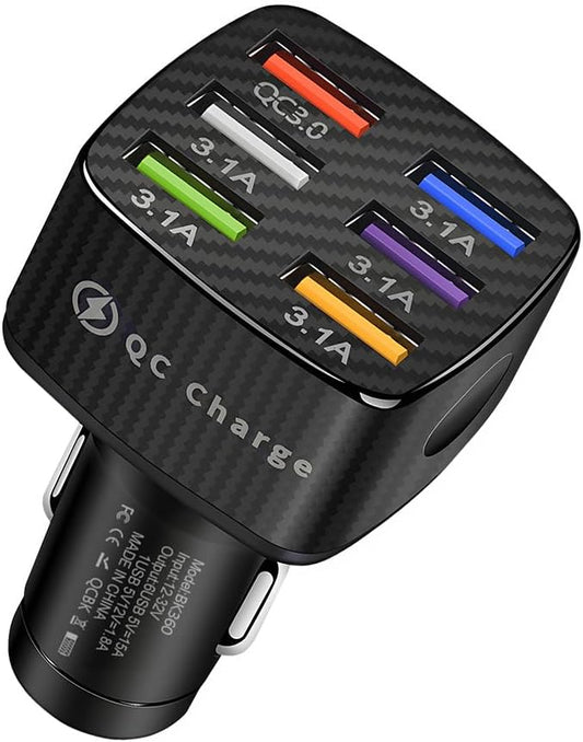 Wevdn Car Charger Adapter, 6 USB Multi Port Fast Charging Cigarette Lighter Charger Adapter, Car Fast Charger Include QC 3.0 and 5 Other Ports for Most Cell Phones, Car Accessories (Black)
