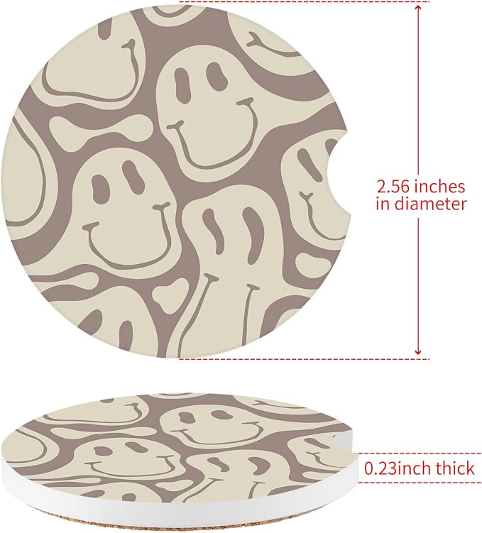 Car Coasters,Purple Smily Absorbent 2 Pack for Cup Holders with Finger Notch,2.56 inches Ceramics Heat Resistant Anti Slip Cork Base Car Drinks Coasters Auto Cup Holder(Apricot Smily)