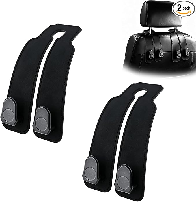 Car Purse Hook 2 Pack Headrest Hooks for Car, Luxurious Leather Material, Seat Back Storage Hook Multifunctional Car Seat Hooks Keep Car Tidy (Black)