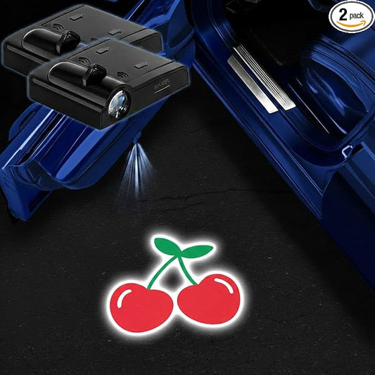 2PCS Cherry Car Door Lights Projector,Wireless LED Welcome Puddle Lights,Magnetic Logo Projector Door Light Decor Car Accessories Cherry Gifts for Women Men,Suitable for All Vehicles Motorcycle