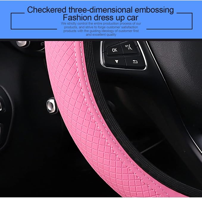 Leather Car Steering Wheel Cover, Anti-Slip Breathable Microfiber Leather Steering Wheel Protector for Women Men, Universal 15'' Elastic Soft Odorless, Car Accessories for Car, Truck, SUV (Pink)