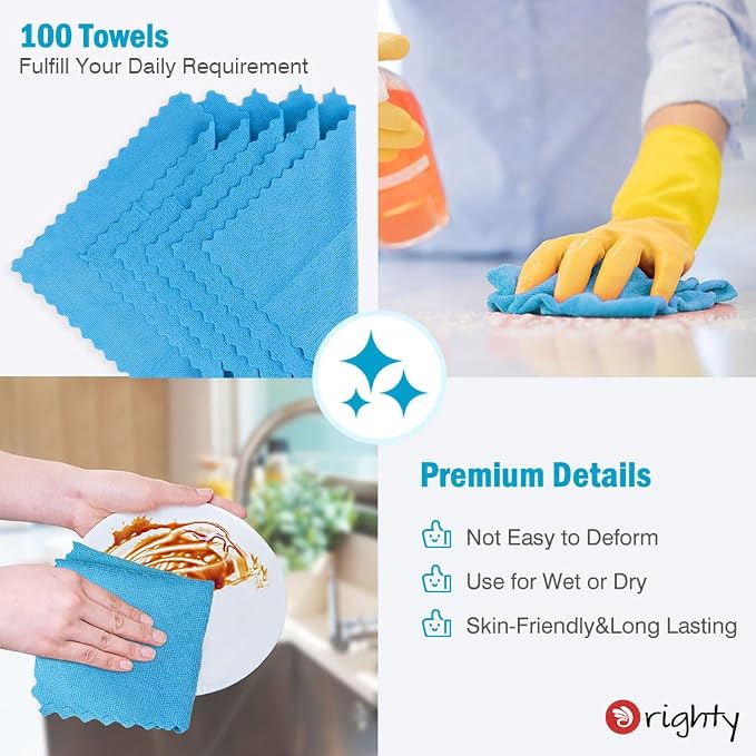 Orighty Microfiber Cleaning Cloth Bulk, 100 Pack, 11.5x11.5 inch, Blue | Microfiber Towels for Cars, Multi-Purpose Shop Towels, Soft Highly Absorbent Cleaning Rags for Car, Home, Kitchen