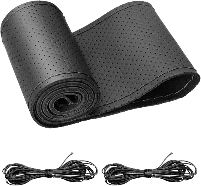 Belinous Perforated Leather Car Steering Wheel Cover (Size S3, Black) | Stitch On Wrap, Universal fit 13-20 Inch, Whole Piece of Cowhide, DIY w/Needle Thread, Breathable Anti-Slip Design