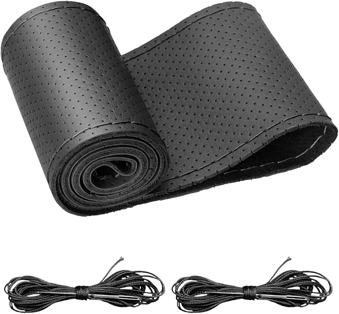 Belinous Perforated Leather Car Steering Wheel Cover (Size L3, Black) | Stitch On Wrap, Universal fit 13-20 Inch, Whole Piece of Cowhide, DIY w/Needle Thread, Breathable Anti-Slip Design