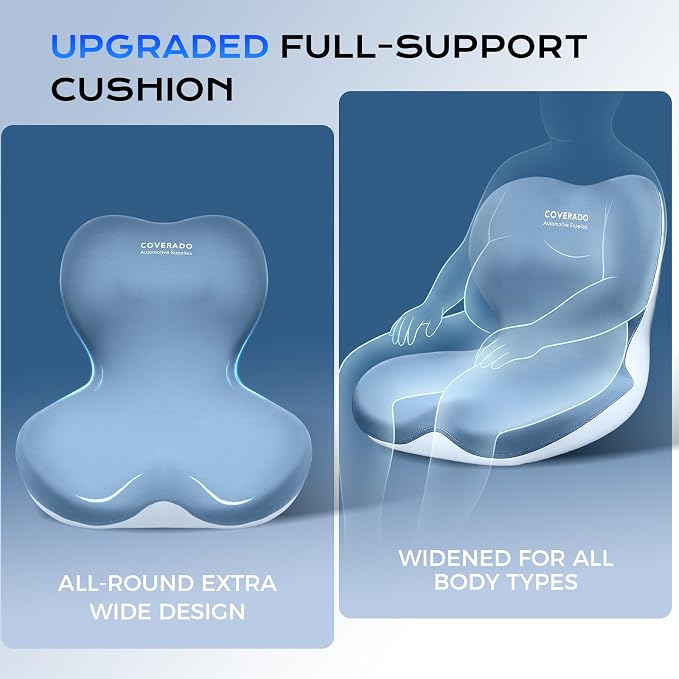 Coverado Car Seat Cushion and Lumbar Support Pillow One Piece, Memory Foam Ergonomic Back Support Driving Seat Cushion for Back Pain, Non-Slip Washable Cushion for Car, Driver, Office