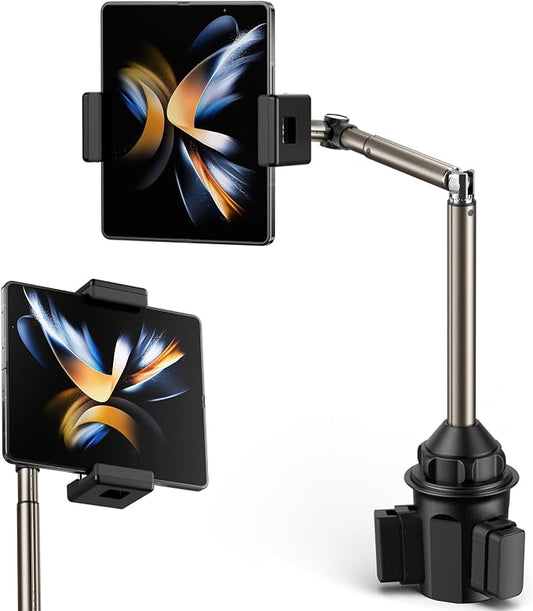 JSAUX Car Cup Holder Phone Mount for Foldable Phones & Mini Tablets | Sturdy Metal Long Arm, Flexible Height and Angle, Adjustable Base, Secure Phone Grip, Fits 2.17-4.33 in Car Cup Holders