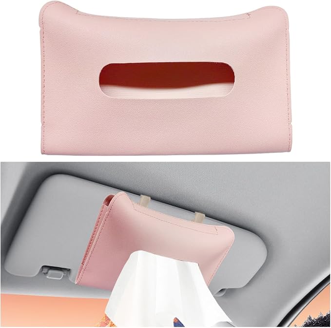 Car Visor Tissue Holder - Leather Tissue Box Holders Car Mask Dispenser - Hanging Car Napkin Holder Auto Tissues Dispenser - Rectangular Mask Holders Sun Visor Accessory for Vehicles (Pink)