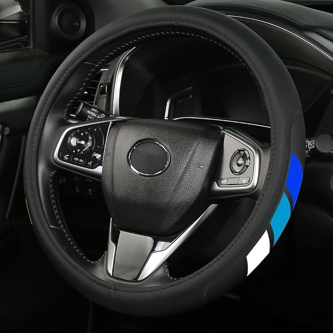 Premium Leather Steering Wheel Cover Compatible with Toyota Tacoma 4Runner Tundra Rav4 Highlander Sequoia,Non-Slip, Breathable 15-16.5inch -Leather-Blue