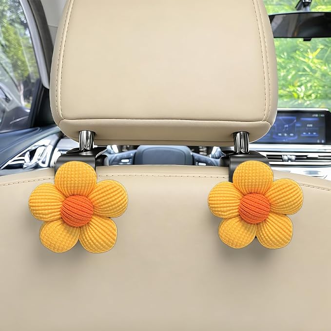 2PCS Car Seat Headrest Hook, Cute Flower Vehicle Backseat Purse Handbag Storage Hanger, Floral Auto Seat Back Holder Hook for Coat Umbrella Grocery, Universal for Vehicles (Yellow)