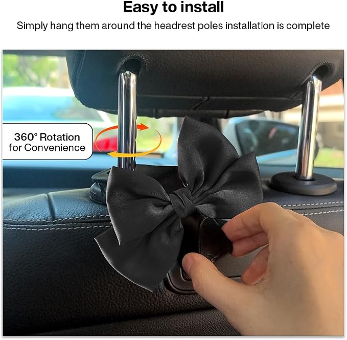 2-Pack Car Seat Headrest Hooks, Handbag Hangers, Black silk | Storage organizer for handbags, clothes, coats and grocery bags; practical interior accessory for most cars and SUVs