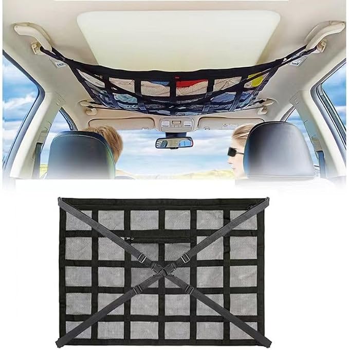 1 Pack Car Ceiling Cargo Net Fit for Subaru Forester 2019-2023, 2024, 2025, 2026 Roof Storage Organizer Heavy Duty Overhead Mesh Bag Polyester Double-Layer Zipper Design,Beige