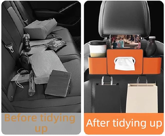 3-in-1 Multifunctional Car Backseat Organizer with Cup Holder, Tissue Box, Trash Bin & Hooks for Hold Phones, Snacks, Drinks, Handbags (Brown)