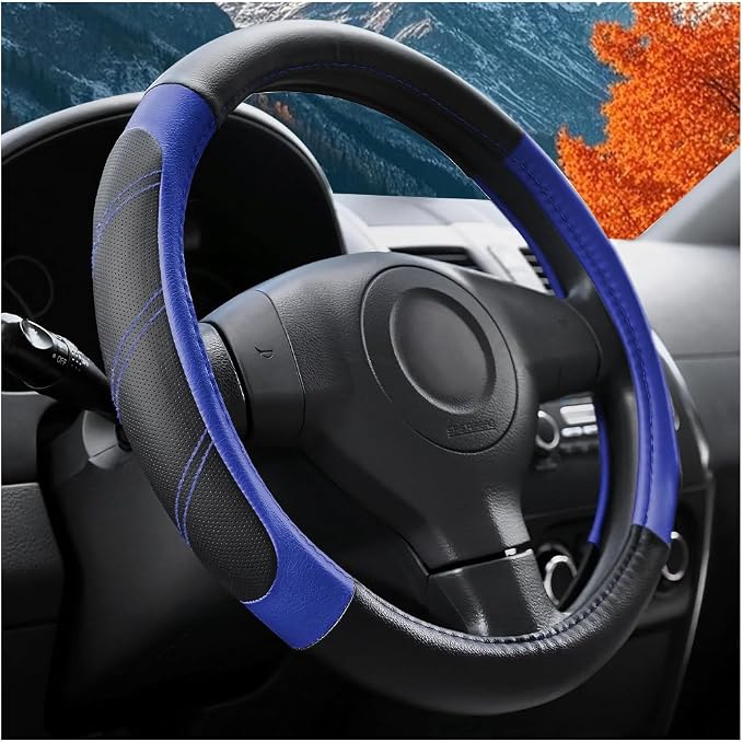 Osilly Car Steering Wheel Cover, 14.5-15" Leather Breathable Anti-Slip Stylish Steering Wheel Protector, Comfortable Auto Interior Decoration Accessories, Universal for SUV Van Truck (Black Blue)