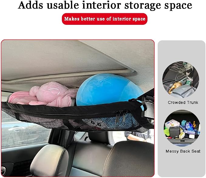 Car Ceiling Cargo Net Pocket for Ford Bronco Sport 2021 2022 2023 2024 2025, Large Capacity Double-Layer Overhead Storage with Zipper, Easy Item Organization for Road Trips, B 78X53cm