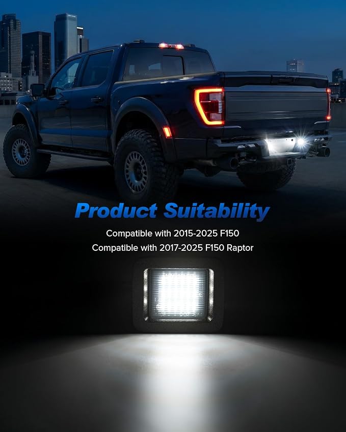 LED License Plate Lights for 2015-2025 F150 | for 2017-2025 F150 Raptor | Super Bright SMD LED | 6000K White | Rear Bumper Tag Lights | Smoked Len