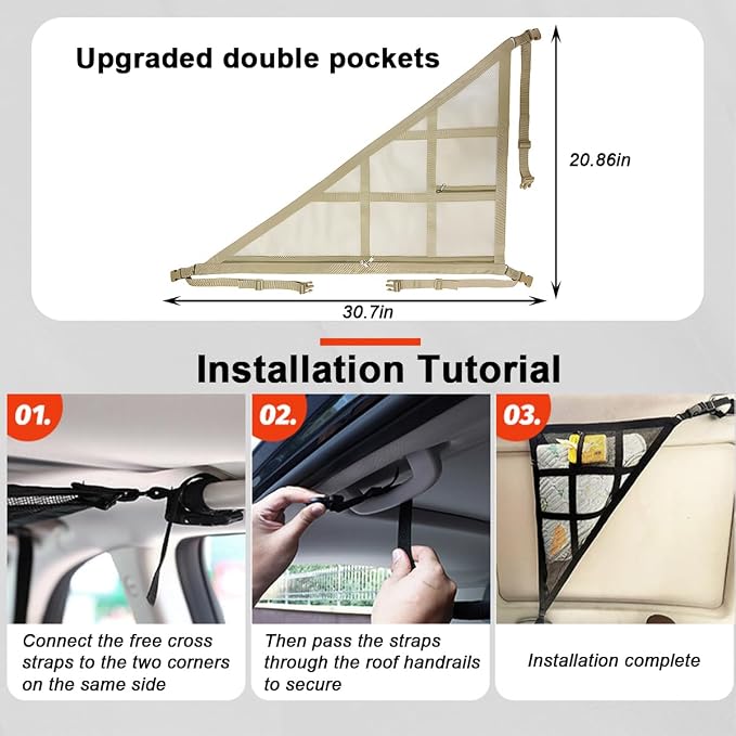 Car Ceiling Cargo Net Pocket, Double-Layer Mesh Strengthen Load Bearing Vehicle Roof Storage Organizer, Auto Interior Cargo Net with Zip Seal, Compatible with Three Handles Vehicle (Beige)