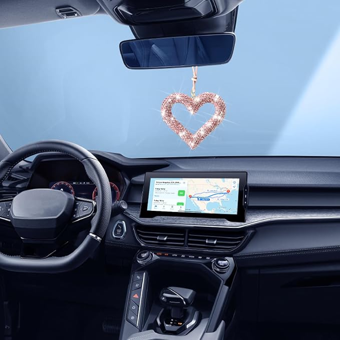 Mandark Bling Heart Car Hanging Accessories, Crystal Rhinestone Vehicle Rear View Mirror Charm Pendant Ornaments, Cute Diamond Auto Interior Hanger Decoration for Women Girls（Pink）