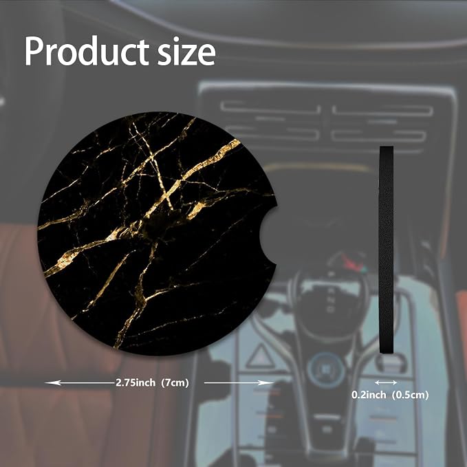 2pcs Black Marble Pattern Car Coasters,Absorbent Universal neoprener Cup Holder Coasters with a Finger Notch,Car Accessories for Women&Man Interior，2.75"