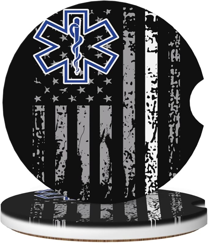 Thin White Line EMS Paramedic American Flag Absorbent Ceramic Car Coasters 2 Pack Insert Cupholder Coaster Car Cup Holder Mat with Finger Notch Anti-Slip Cork Base Drink Coasters 2.56 in