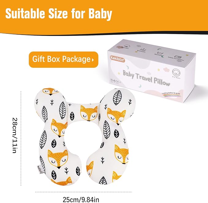 KAKIBLIN Baby Neck Pillow, Upgraded Baby Support Pillow for Head and Neck, Babies Head Pillow for Car Seat, Stroller, Pushchair,Travel(Yellow Fox)