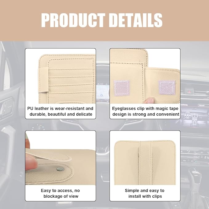 Augeny 2 PCS Car Sun Visor Organizer, Small Auto Visor Organizer and Storage, Registration and Document Holder for Sunglasses, Card, Pen, Driver License, Car Accessories (Beige)