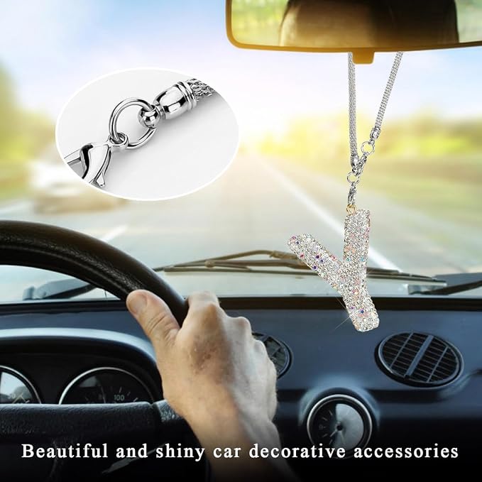 DXNQ Bling Initial Car Rear View Mirror Ornament, Crystal Sparkling Cute Letter Charm Pendant Auto Decor, Hanging Lucky Diamond Initial Charm Car Mirror Bag Ornament for Girl Women (Letter Y)
