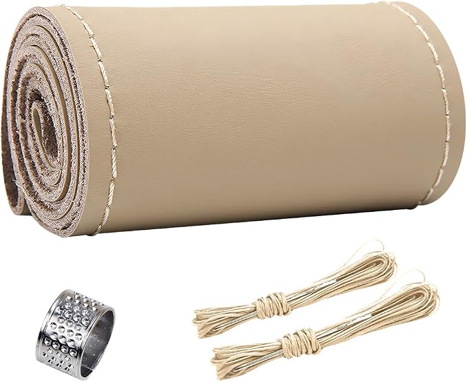 ZIMISI 15 Inch Genuine Leather Steering Wheel Cover (Beige,Glossy) | Anti-Slip Breathable Car Steering Wheel Stitching Wrap, DIY Sewing with Needle Thread, Stitch on Wrap Steering Wheel Cover