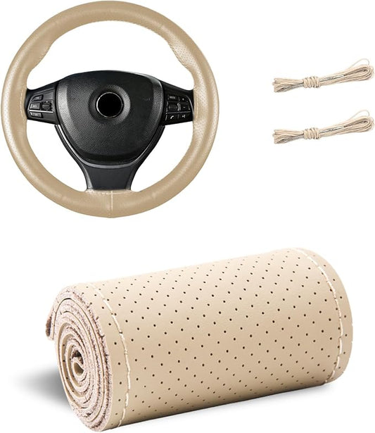 Genuine Leather Steering Wheel Cover, 15 Inch Stitch on Steering Wheel Protector with Needle & Thread, Anti-Slip DIY Sewing Wheels Wrap for Most Vehicles (Beige, Full Hole)