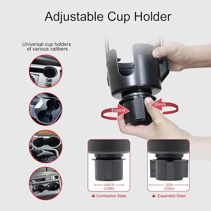 JINKEY Dual Cup Holder Phone Mount for Car，2-in-1 Adjustable Gooseneck Cradle with 360° Rotation Heavy Duty Universal Automobile Stand for Most 4"-6.7" i-Phone Mobile-Phone Holder