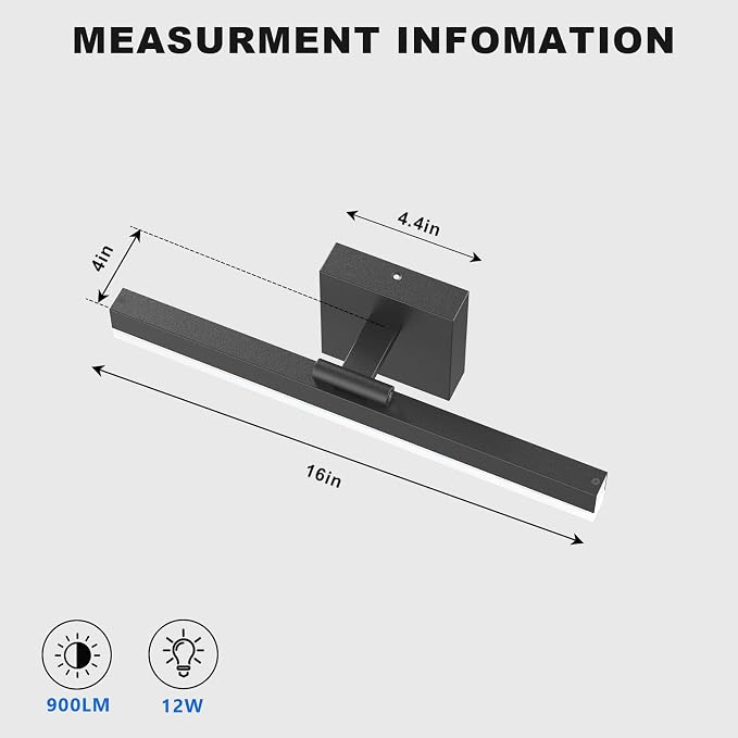 IZORRO Modern Bathroom Vanity Light 16 inch, Rotatable, 12W Dimmable Led Bathroom Light Fixture Over Mirror, Black Vanity Light Bar (Cool White 6000K)