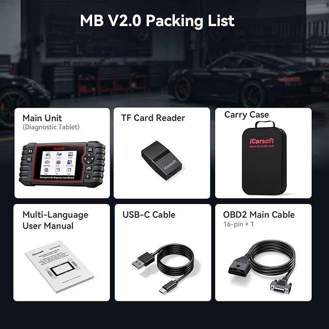 iCarsoft MB V2.0 Full System Diagnostic Scan Tool for Most Mercedes Benz from 1996-Present OBD2 Scanner 9 Reset AutoVIN Free Update Car Code Reader with Battery Test CAN FD 15 Languages Plug-and-Play