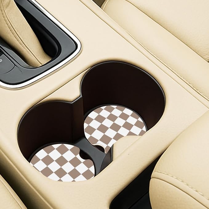 Ceramic Car Coasters – Absorbent Car Cup Holder Coaster Set for Women, Cute Aesthetic Car Accessories for Girls, 2 Pack (Brown)