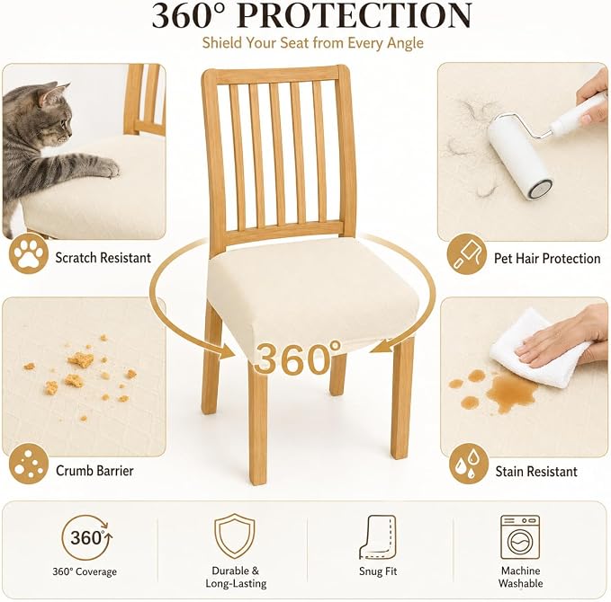 NILUOH Waterproof Seat Covers for Dining Room Chairs Set of 4, Stretch Jacquard Chair Seat Slipcovers Dining Chair Cover Removable Washable Chair Protctor Cover, Rear Covers (Beige)