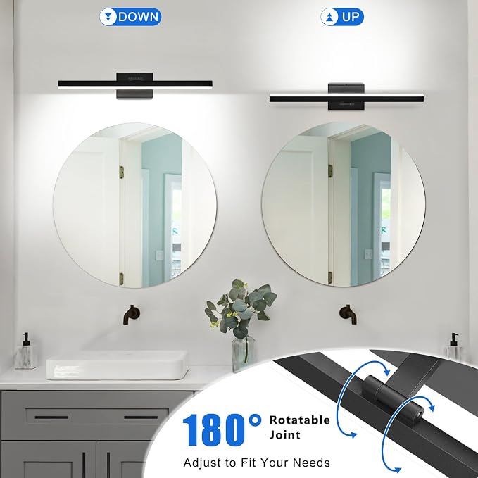 IZORRO Modern Bathroom Vanity Light 32 inch, Rotatable, 24W Dimmable Led Bathroom Light Fixture Over Mirror, Black Vanity Light Bar (Cool White 6000K)