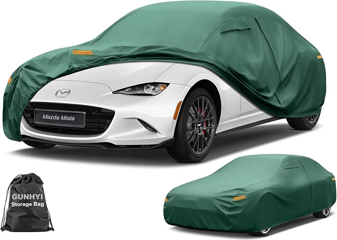 GUNHYI Small Car Cover Waterproof All Weather, 16-Layer Heavy Duty Full Exterior Cover with Vents, Driver Door Zipper & Towel, Summer Sun/UV/Rain Protection, Fit Sports Mazda Miata, BMW Z3 etc.