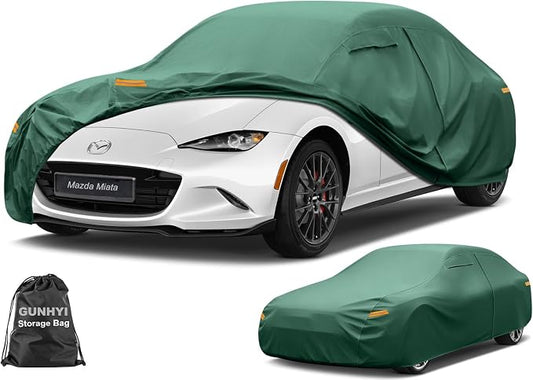 GUNHYI Small Car Cover Waterproof All Weather, 16-Layer Heavy Duty Full Exterior Cover with Vents, Driver Door Zipper & Towel, Summer Sun/UV/Rain Protection, Fit Sports Mazda Miata, BMW Z3 etc.