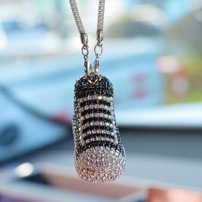 Bling Sneaker Shoe Sparkly Car Hanging Ornament, Cute Crystal Rear View Mirror Pendant, Diamond Rearview Mirror Charms, Lucky Car Interior Decor Accessories (Black)
