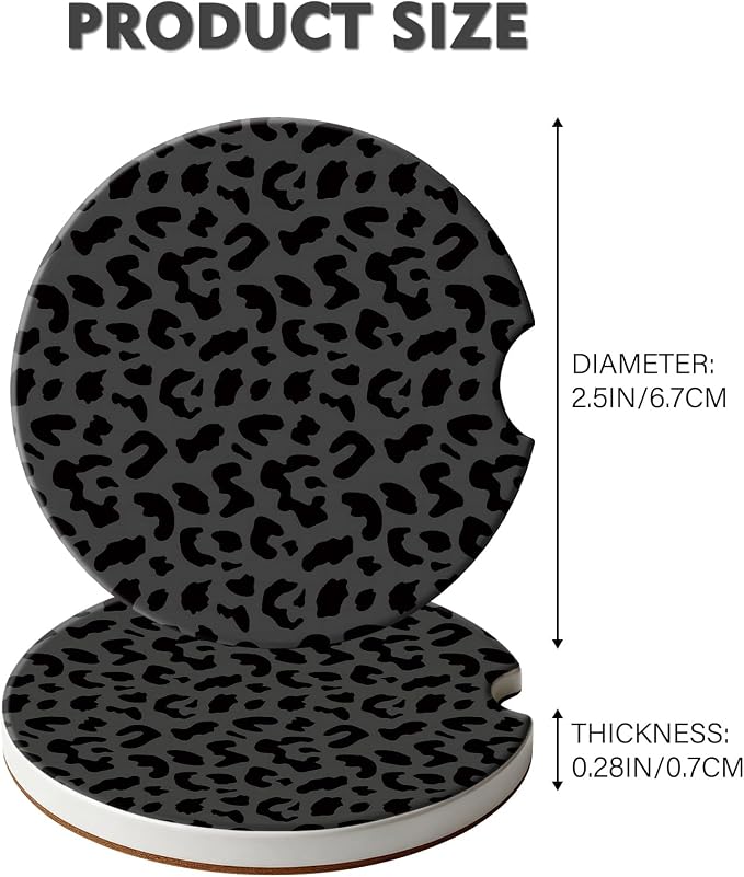2 Pack Car Coasters for Cup Holders, Absorbent Ceramic Cup Coaster with Cork Base and Finger Notch, Cute Car Accessories Interior for Women Men (Leopard-Black)