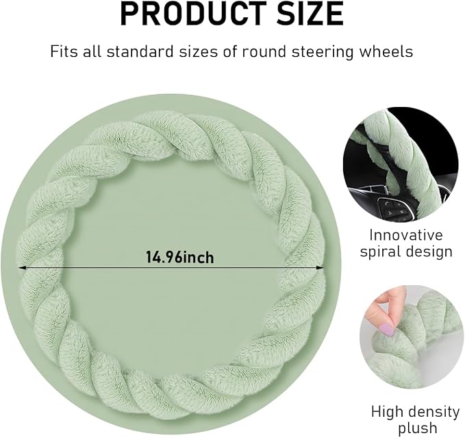 KVAEY Fluffy Car Steering Wheel Cover, 15 Inches Anti-Slip Round Fuzzy Winter Steering Wheel Protector, Soft Warm Plush Steering Wheel Cover for Women Girls, Car Accessories (Green, Round)