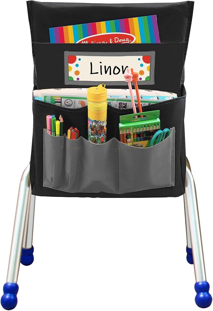 Chair Pockets for Classrooms, 15.7" × 18.9" – 6 Pockets Chairback Storage Organizer with Name Tag Window, Student Desk & Seat-Back Management for Books, Folders & School Supplies, Black