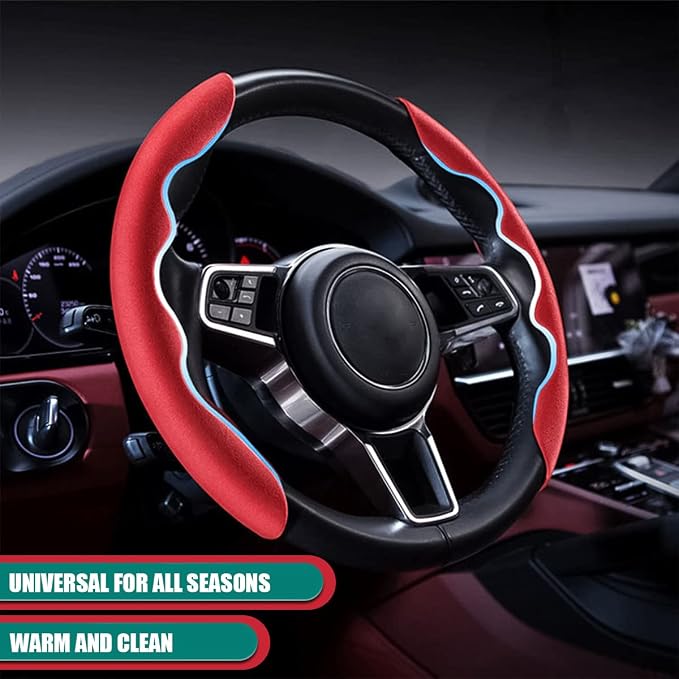 Car Steering Wheel Cover, Microfiber Suede Leather and Carbon Fiber Double Sided Design, Warm in Winter and Cool in Summer, Breathable Non Slip Segmented Protector for Most Cars (Turn Fur/Red)