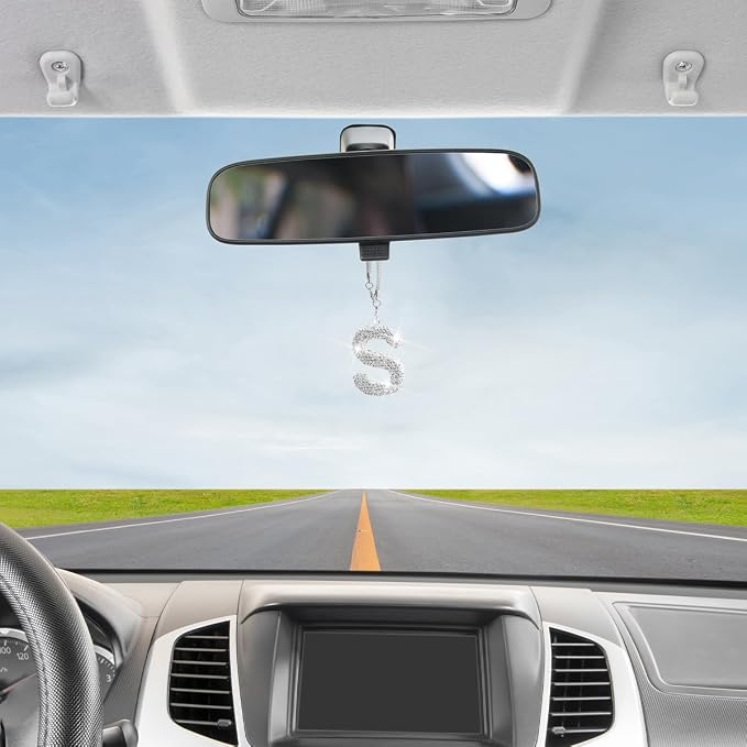 Bling Car Letter Charm, Crystal Rhinestone Rear View Mirror Hanging Ornament, Cute Lucky Diamond Automotive Interior Pendant Decoration Accessories, Universal for Vehicles(S)