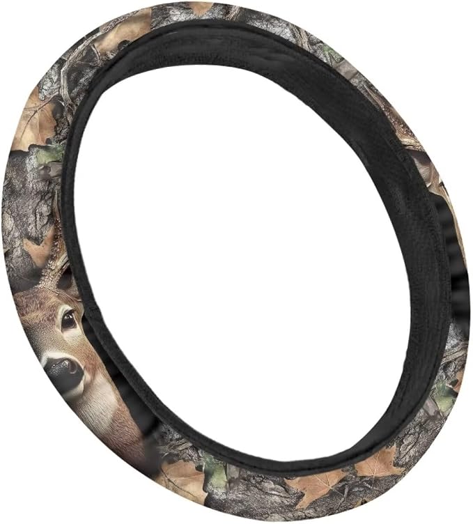 Wanyint Deer Camo Hunting Forest Grey Car Steering Wheel Cover Universal 15 inch Anti-Slip Auto Steering Wheel Protector Car Interior Decor for Women Men