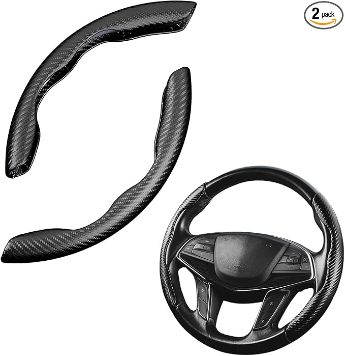 Steering Wheel Cover, 2PCS Segmented Steering Wheel Protector, Carbon Fiber Anti-Slip and Durable Car Accessory, Universal Fit for Most Cars，SUVs (Carbon Fiber Black)