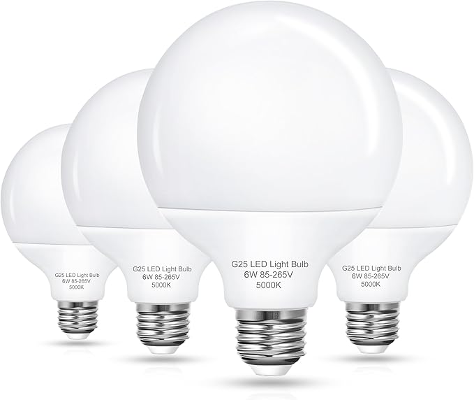 EvaStary G25 LED Globe Light Bulbs, 6W LED Vanity Bathroom Light Bulb 60W Equivalent Daylight White 5000K for Mirror Round Makeup Lights, 85-265V CRI85+ E26 Base, Non-dimmable, 4 Pack