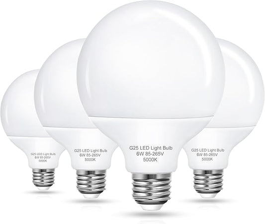 EvaStary G25 LED Globe Light Bulbs, 6W LED Vanity Bathroom Light Bulb 60W Equivalent Daylight White 5000K for Mirror Round Makeup Lights, 85-265V CRI85+ E26 Base, Non-dimmable, 4 Pack