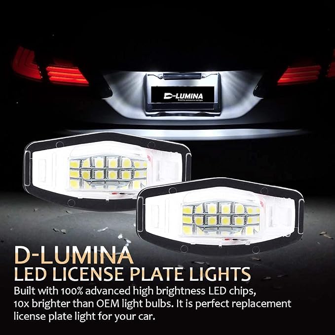D-Lumina LED License Plate Light Tag Lamp Assembly Replacement Compatible with Honda Civic Accord Sedan Odyssey Pilot Acura MDX TSX TL ILX RDX RL, Powered by 18-SMD 6000K White Pack of 2