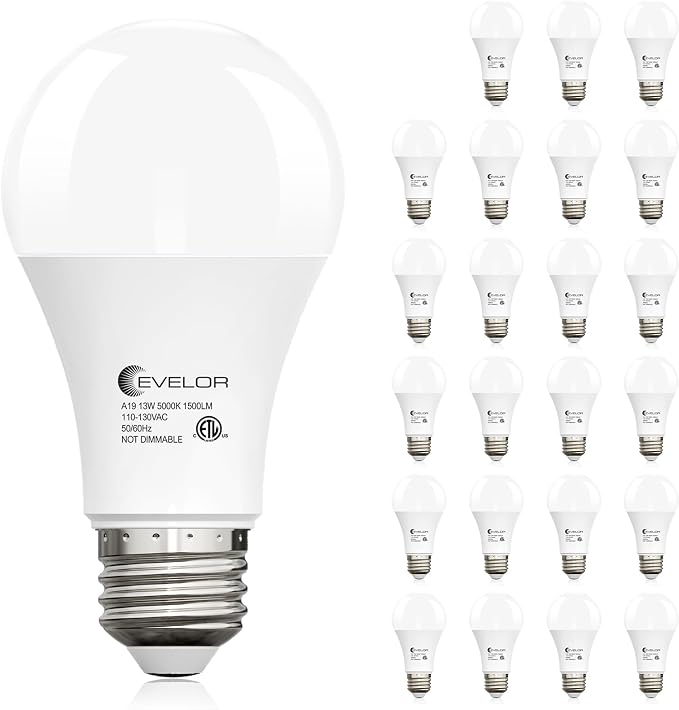 evelor 24-Packs A19 LED Light Bulbs,100 Watt Equivalent Daylight 5000K Bright Bulbs Efficient 13W,1500 Lumens E26 Base, Non-Dimmable, 15000-Hour Lifespan for Bedroom, Living Room, Office
