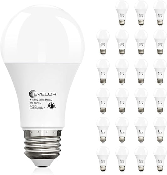 evelor 24-Packs A19 LED Light Bulbs,100 Watt Equivalent Daylight 5000K Bright Bulbs Efficient 13W,1500 Lumens E26 Base, Non-Dimmable, 15000-Hour Lifespan for Bedroom, Living Room, Office